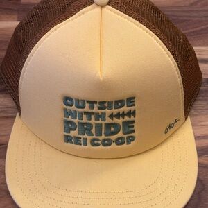 REI Two-Tone Yellow and Brown Trucker Hat with Teal Logo